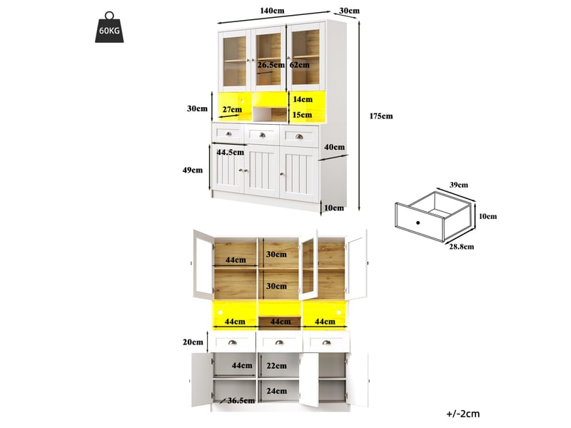 Buffet haut de cuisine avec 3 tiroirs, 6 portes, étagères réglables et led, pour cuisine, 140 × 40 × 175 cm  - Conforama D