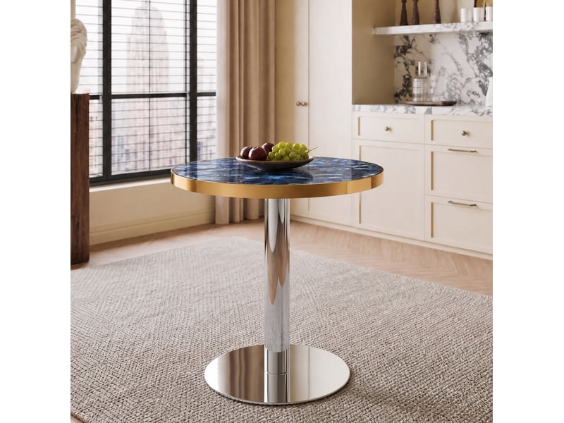Table d'appoint ronde 60 cm bleu marbré, pied central en métal argenté et doré - Conforama D