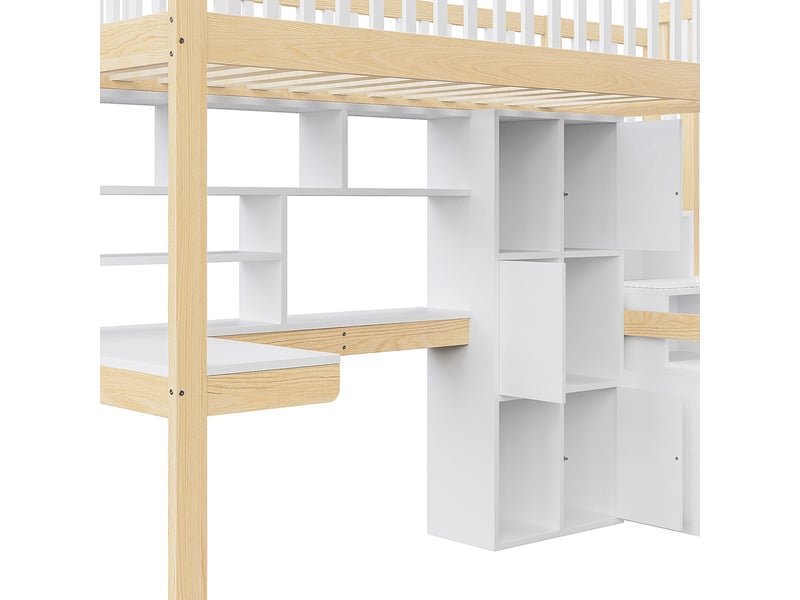  Lit mezzanine led 90 × 200 cm blanc et naturel avec bureau, escalier de rangement et étagères IKSETERA TRADING LTD - Conforama W