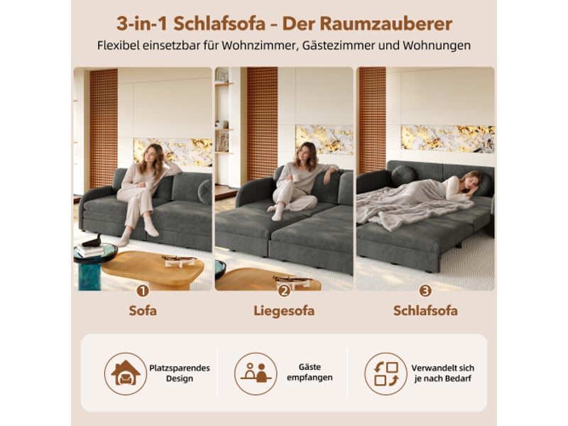  Canapé 3 places,205x84x89 cm,3-en-1 avec rangement,chenille,gris  - Conforama D