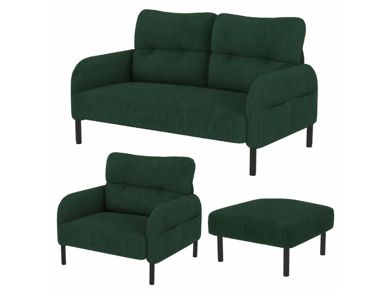  Ensemble canapé fauteuil et pouf en velours côtelé vert émeraude, 4 places, assise profonde  - Conforama A