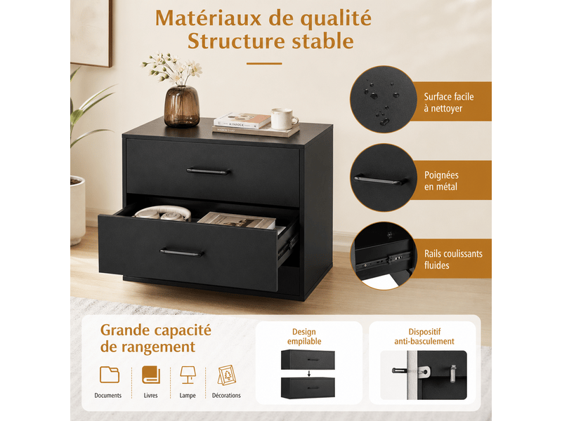  Meuble rangement empilable 2 tiroirs kit anti-basculement noir  - Conforama D