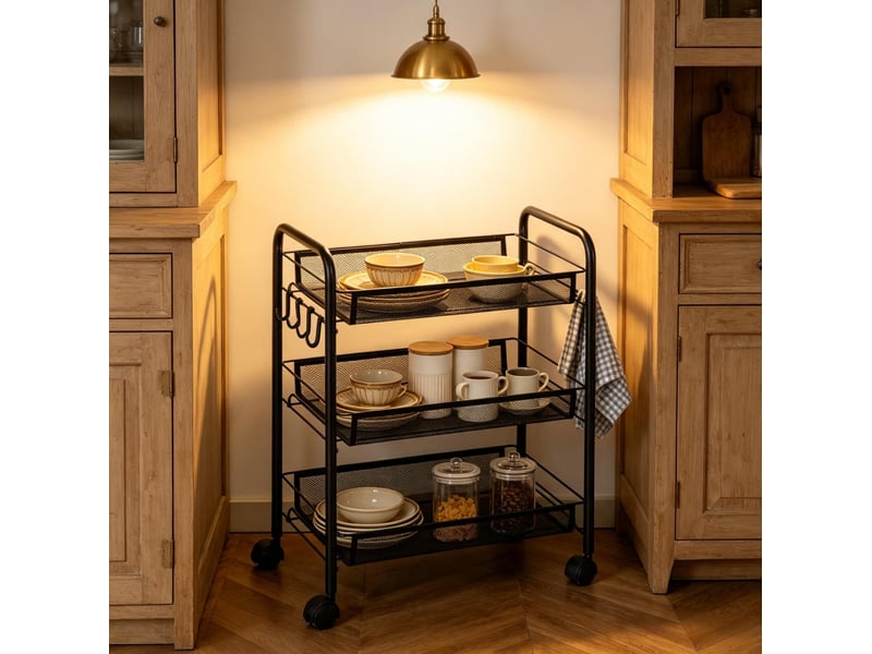  Desserte à 3 niveaux avec paniers et crochets, noir, idéale pour rangement dans la cuisine, grande mobilité  - Conforama D