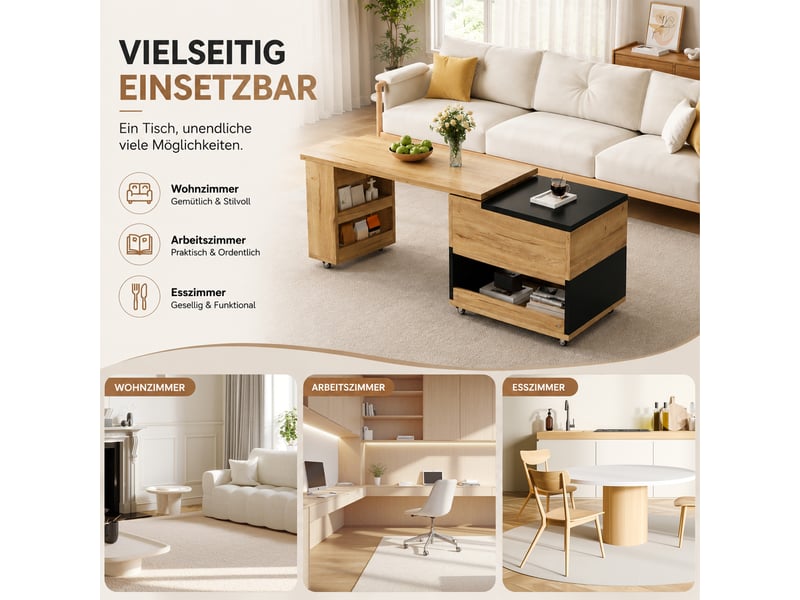  Table basse, extensible à élément latéral pivotant, avec rangement intégré, 80 x 46 x h 55–67 cm, bois naturel et noir, style moderne, pour le salon Luxe haut de gamme - Conforama E