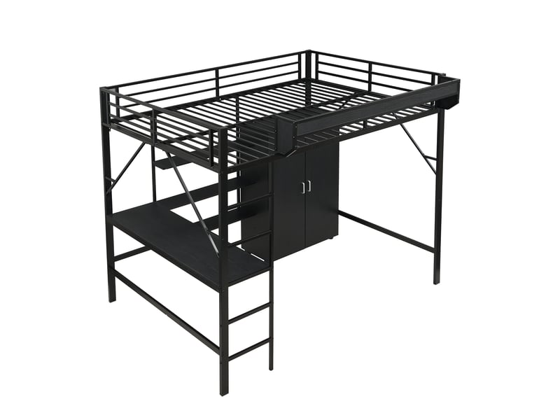  Lit mezzanine noir avec rangement et bureau intégré, sommier inclus  - Conforama W