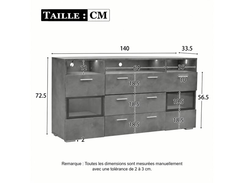  Buffet gris 140 cm avec éclairage led, portes acryliques transparentes et rangements  - Conforama E