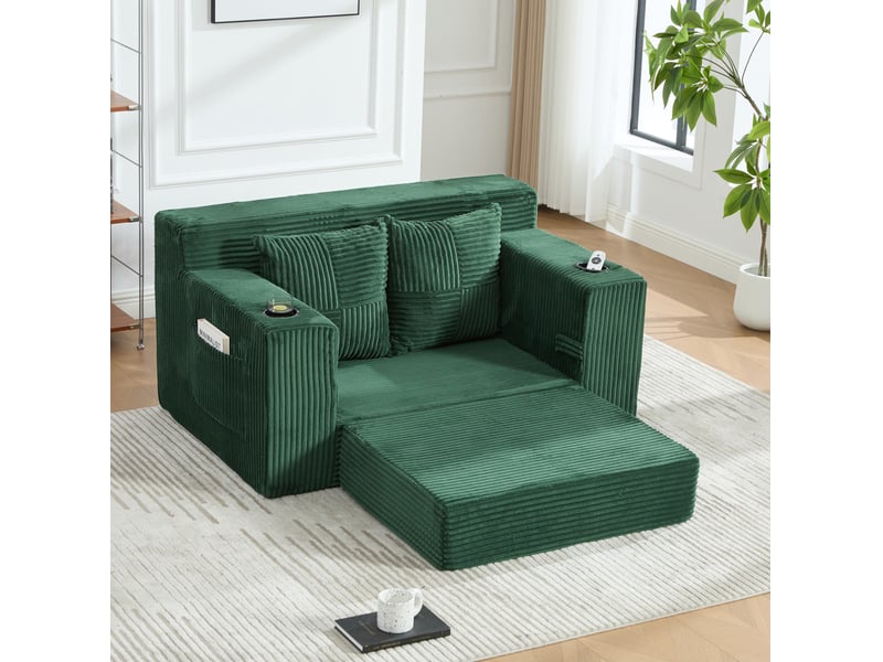 Canapé-lit tcqpz 2 places 151 x 133 x 64 cm en velours côtelé vert émeraude avec poches latérales - Conforama E