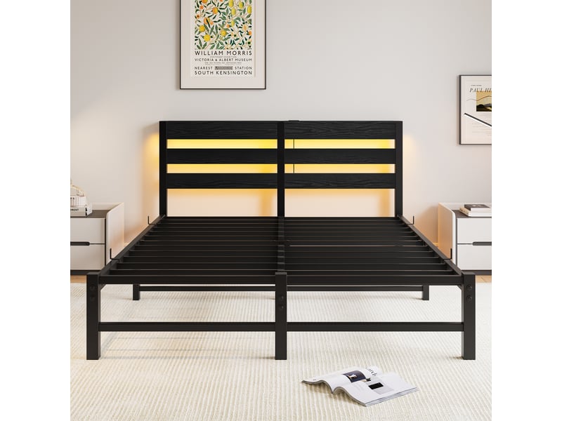 Cadre de lit, lit double 140x190 cm, rangement intégré, led, usb, sans matelas, métal et bois noir - Conforama D