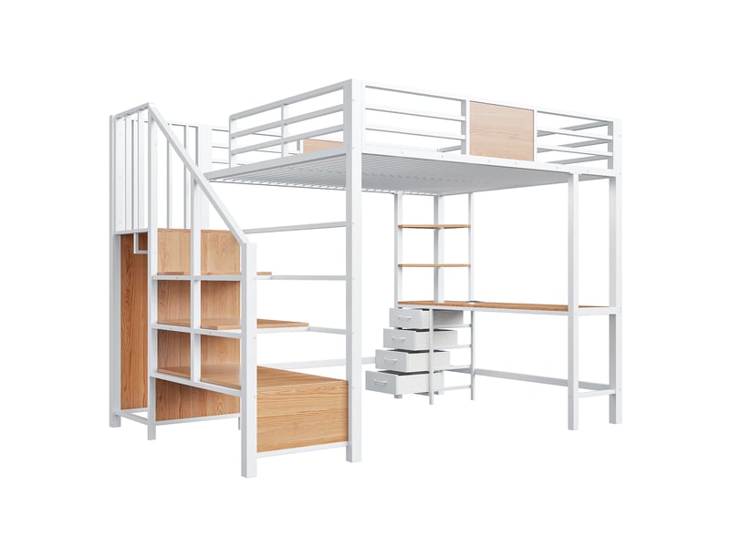  Lit superposé en métal 140 x 200 cm avec bureau, compartiments de rangement, penderie, éclairage led et prise électrique. Ce lit superposé multifonctionnel est idéal pour les bureaux, les espaces de travail et les petites chambr…  - Conforama E