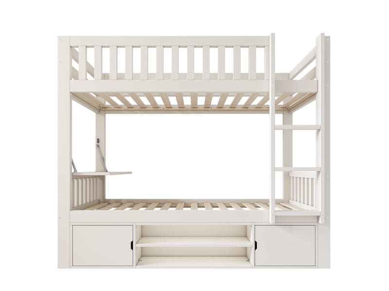  Lit superposé enfant 2 places 90 × 200 cm avec table rabattable et rangement à chaussures, sans matelas, blanc  - Conforama E