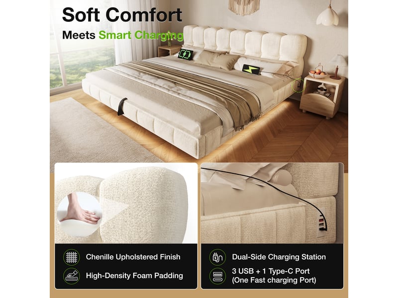  Lit double rembourré effet nuage avec led, rangement hydraulique, beige, 140×200 cm  - Conforama E