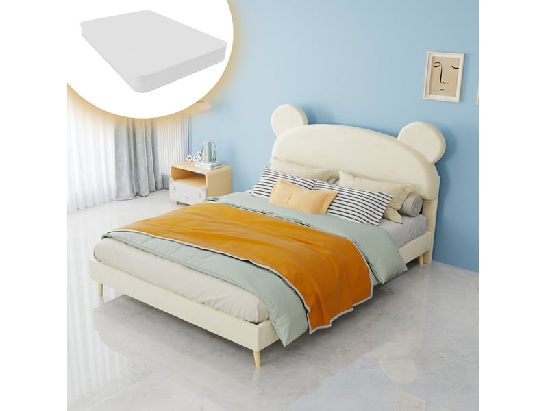  Lit 140x200 cm avec tête de lit ours, base basse, métal, beige  - Conforama E