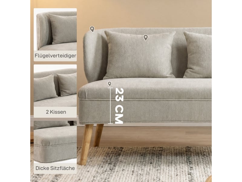  Canapé droit 2 places 117x65x78,5cm dossier à oreilles | style rétro chic tissu chenille et pieds bois | assise épaisse 23cm charge 220kg - beige  - Conforama D