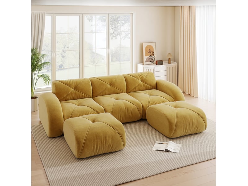 Canapé modulable en u 3 places 281x171x76 cm, sans cadre, sans montage, 2 poufs, revêtement en chenille, jaune - Conforama B