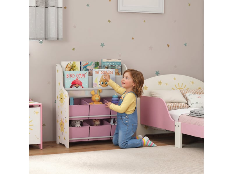  Meuble de rangement pour jouets avec 6 tiroirs en tissu et bibliothèque à 2 niveaux, bois et acier, 63 x 30 x 71 cm, rose  - Conforama B