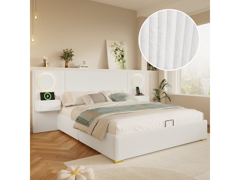  Lit coffre 180 × 200 cm 2 places avec led, usb, rangement hydraulique et tête de lit rembourrée, sans matelas, beige  - Conforama B