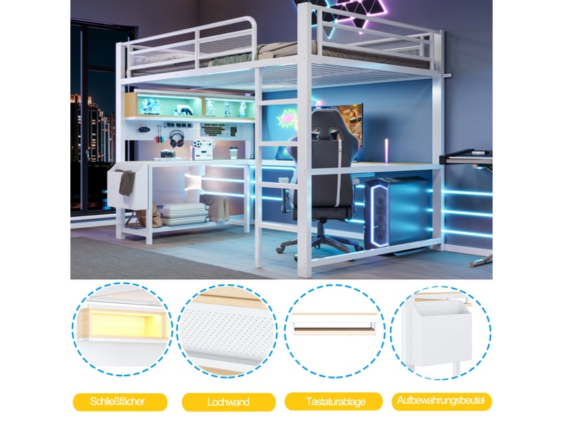  Lit surélevé gaming 140x200 cm blanc, bureau, rangements, éclairage led et station de charge  - Conforama C