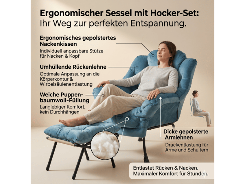  Fauteuil avec repose-pieds - fauteuil inclinable avec accoudoirs, poche latérale - fauteuil à oreilles - bleu  - Conforama C