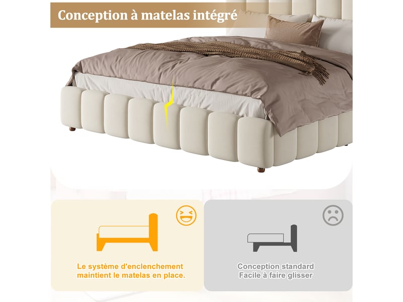 Lit coffre rembourré 160x200 cm, rangement hydraulique, tête de lit rembourrée, sommier à lattes, velours beige OMNIGLINT TRADING LTD - Conforama D