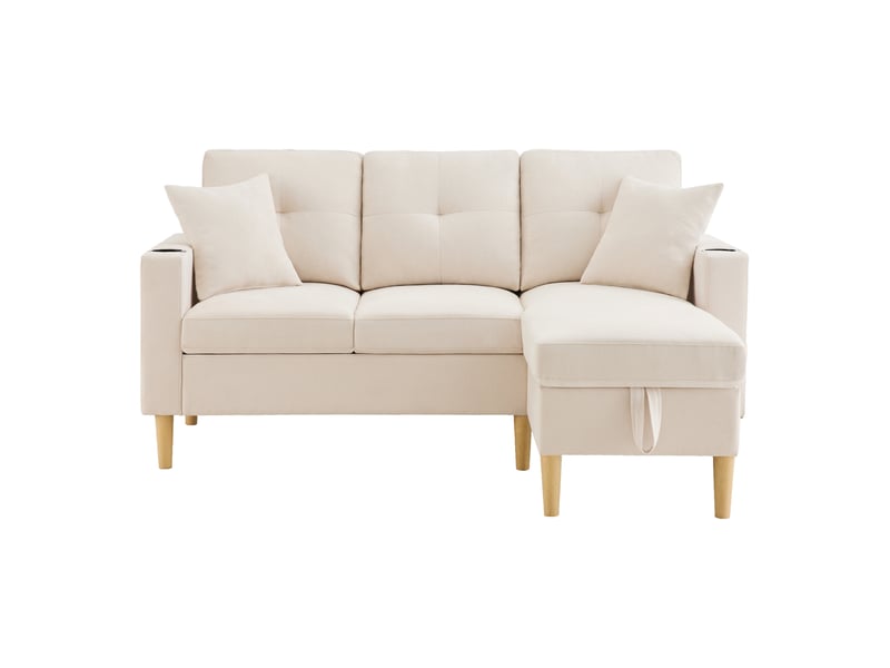  Canapé d'angle 3 places beige en tissu aspect lin avec chaiselongue et rangement intégré  - Conforama A