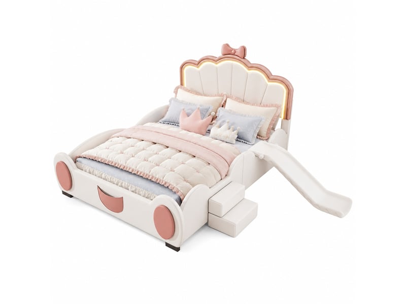  Lit enfant 140x200 cm avec toboggan, échelle et led, rose et blanc, motif papillon  - Conforama A