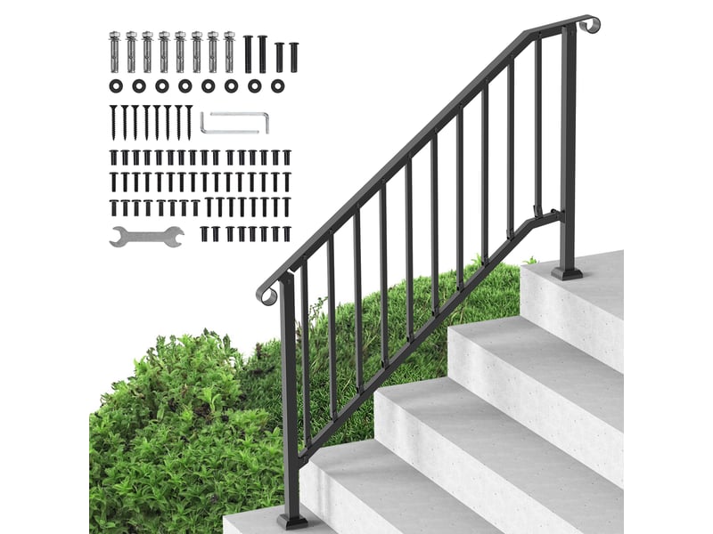 Vevor rampe deescalier pour 5 marches exterieures, main courante escalier en acier au carbone, avec kit deinstallation, pour personnes agees, marches en beton, porche, terrasse, arche retro noire - Conforama A