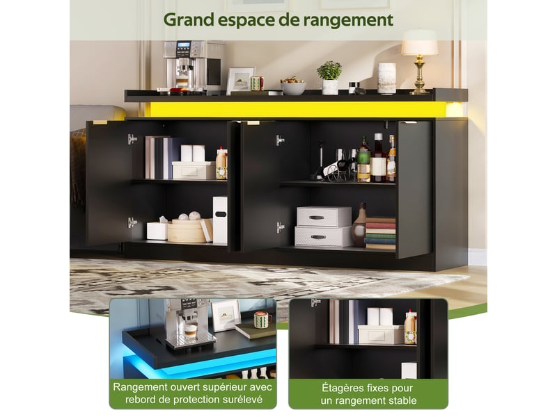  Buffet 4 portes avec éclairage led rgb, buffet noir en mdf 160 cm  - Conforama E