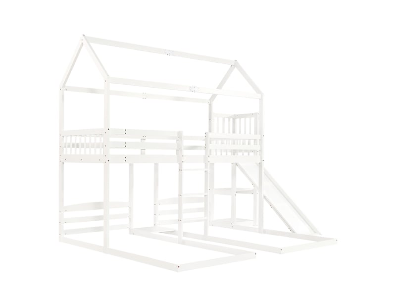 Lit superposé enfant 90x200 cm, lit 3 couchages avec toboggan, toit et rangement supérieur, mdf, blanc, sans matelas  - Conforama E