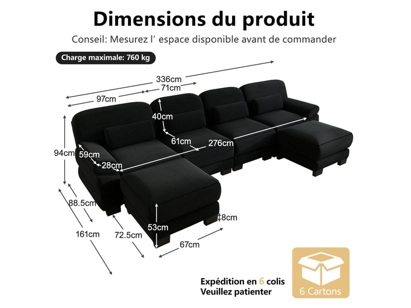Canapé modulaire en l 4 places 336x161x94 cm, design ergonomique, assise profonde, avec pouf, en velours côtelé, noir - Conforama C