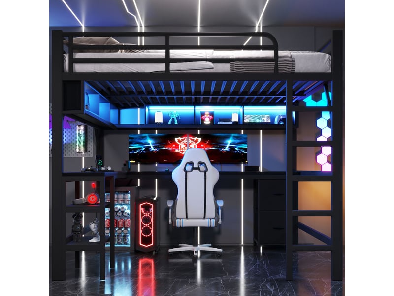  Lit mezzanine noir 140x200cm avec escalier rangement, bureau, eclairage lde &amp; prise usb, sécurité renforcée - fer - pour enfant ado  - Conforama B