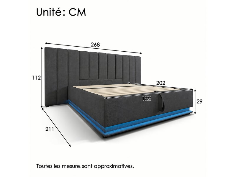  Lit coffre hydraulique avec led et usb-c, lin gris, 180x200 cm  - Conforama C