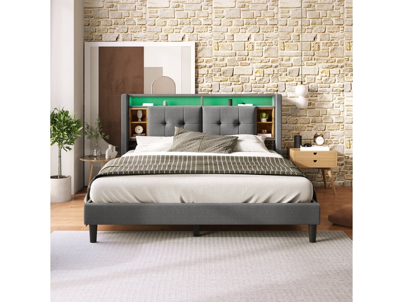 Lit 160x200 cm avec tête de lit rangement, led, usb et prises, sommier à lattes, gris Fay Lum - Conforama E