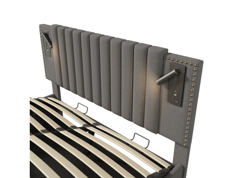  Lit capitonné 160x200 cm avec coffres et lampe usb – sommier et matelas inclus – tête de lit à clous déco gris coton  - Conforama E