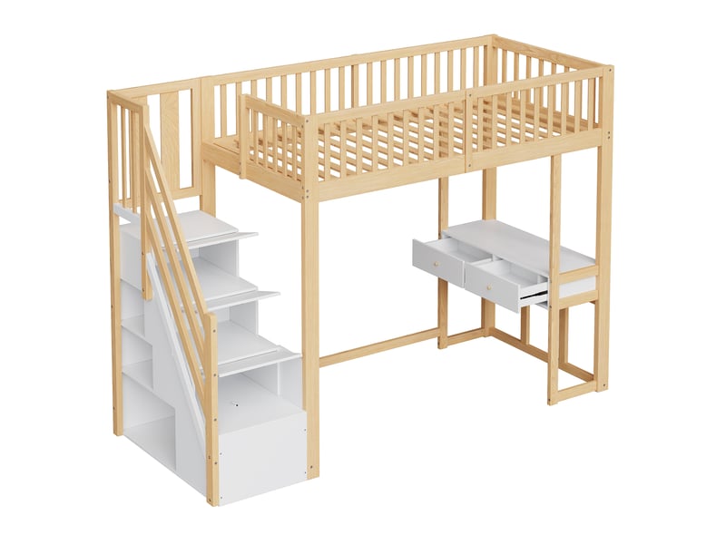  Lit mezzanine 90x200 cm en pin massif blanc – bureau multifonction et escalier de rangement sécurisé  - Conforama D