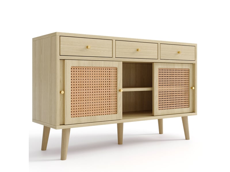  Buffet 120cm avec 3 tiroirs et portes coulissantes, pieds en bois massif, poignée dorée,couleur bois  - Conforama A