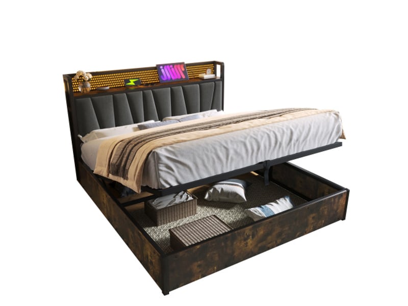  Lit adulte 180x200cm, lit coffre, lit double, avec led, usb, espace de rangement de tête de lit, lin gris, sans matelas  - Conforama A