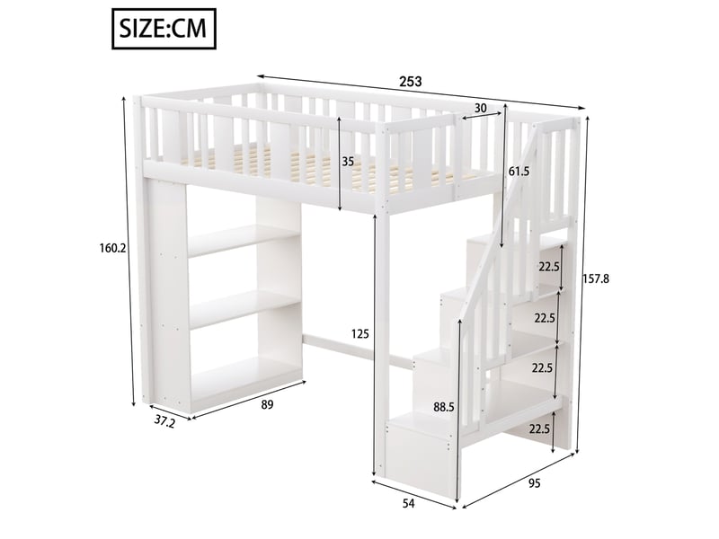  Lit mezzanine 90x200 cm, escalier de rangement, bois, 3 compartiments, coloris blanc, sans matelas  - Conforama C