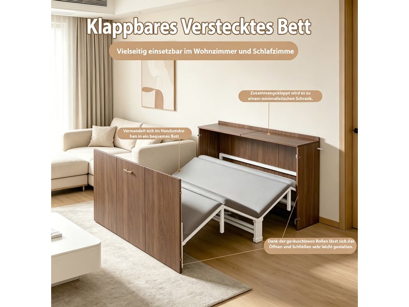  Lit escamotable 140x200 cm avec matelas en lin inclus, lit armoire pliant sur roulettes silencieuses, structure métal, gain de place  - Conforama D