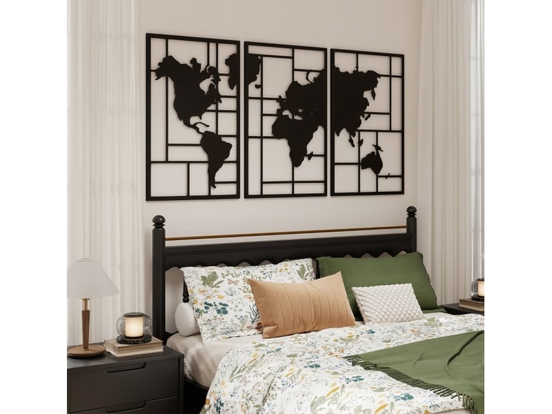  Décoration murale 3 pièces 150x80 cm carte du monde métal noir  - Conforama C