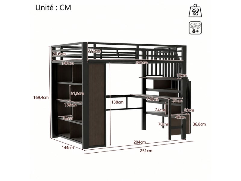  Lit mezzanine avec bureau et rangements, structure en métal et mdf, couchage 140 x 200 cm, noir, éclairage led  - Conforama C