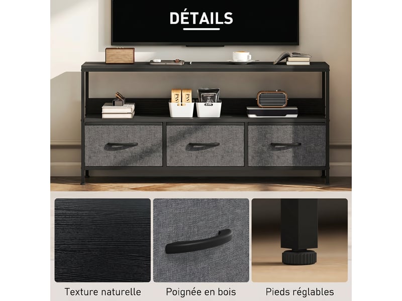  Meuble tv, meuble télé pour téléviseur jusqu'à 55 pouces avec 3 tiroirs et pieds en acier 120 x 29 x 56 cm noir  - Conforama R