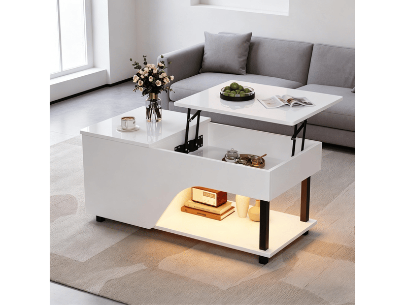  Table basse relevable avec rangement caché et étagères réglables pour salon, en panneau de particules blanc, 50 × 100 × 46 cm  - Conforama B