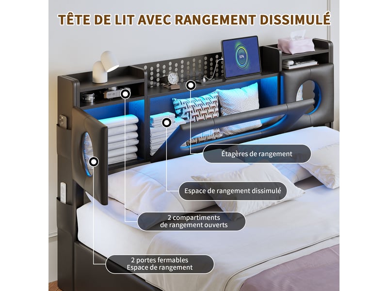  Lit coffre 140x200cm, tête de lit rabattable avec rangement, éclairage led, usb et type-c, lit double pour adulte et adolescent, pu noir, sans matelas  - Conforama D