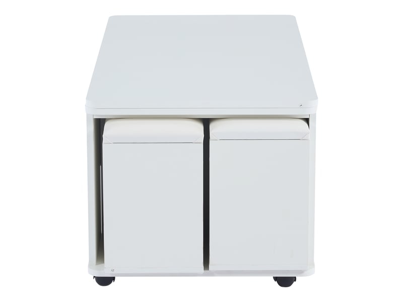  Table basse relevable transformable en table à manger, blanche, avec 4 tabourets et rangement  - Conforama C