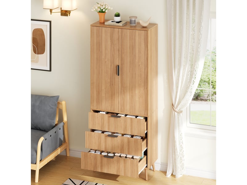 Armoire de cuisine haute en mdf avec 2 portes et 3 tiroirs, meuble de rangement 75x35x180 cm pour salon et salle à manger - Conforama R