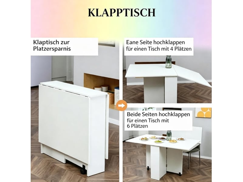  Table de salle à manger pliante avec 2 étagères, roulettes freinées, en panneaux de particules blancs, pour cuisine  - Conforama E