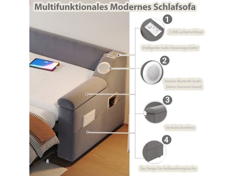  Canapé-lit 90x190 cm avec chaîne stéréo bluetooth intelligente et usb, lit gigogne avec sommier à lattes, velours, gris  - Conforama R