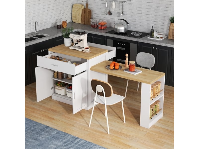 Desserte de cuisine avec table extensible, 2 tiroirs, étagères et prises usb pour cuisine, mdf blanc, 188×55×92 cm - Conforama C