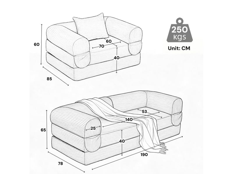  Canapé modulable 190x78x65 cm 3 places en velours côtelé noir  - Conforama E