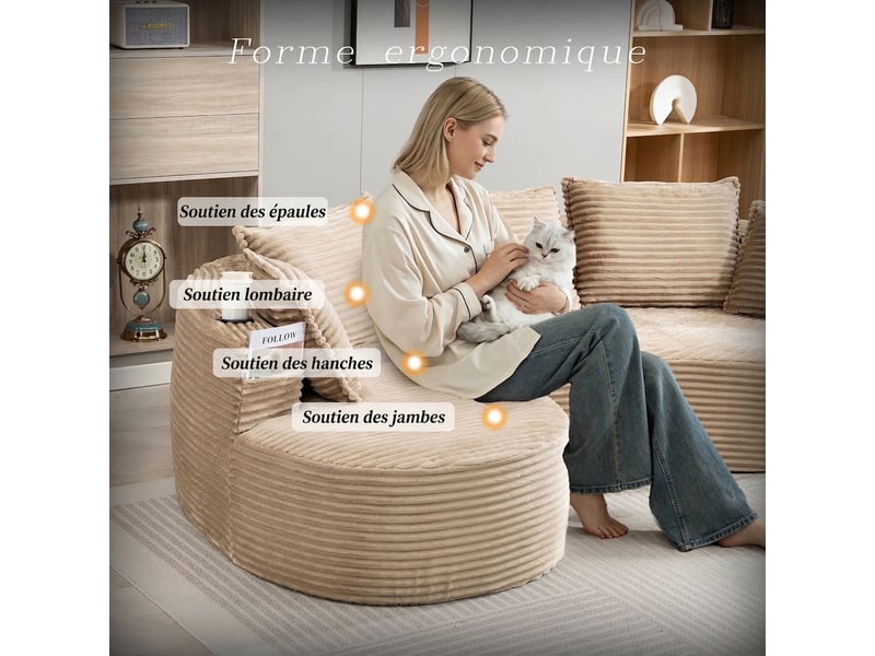  Canapé incurvé en velours côtelé avec rangements 250 cm - porte-gobelets et coussins inclus  - Conforama D